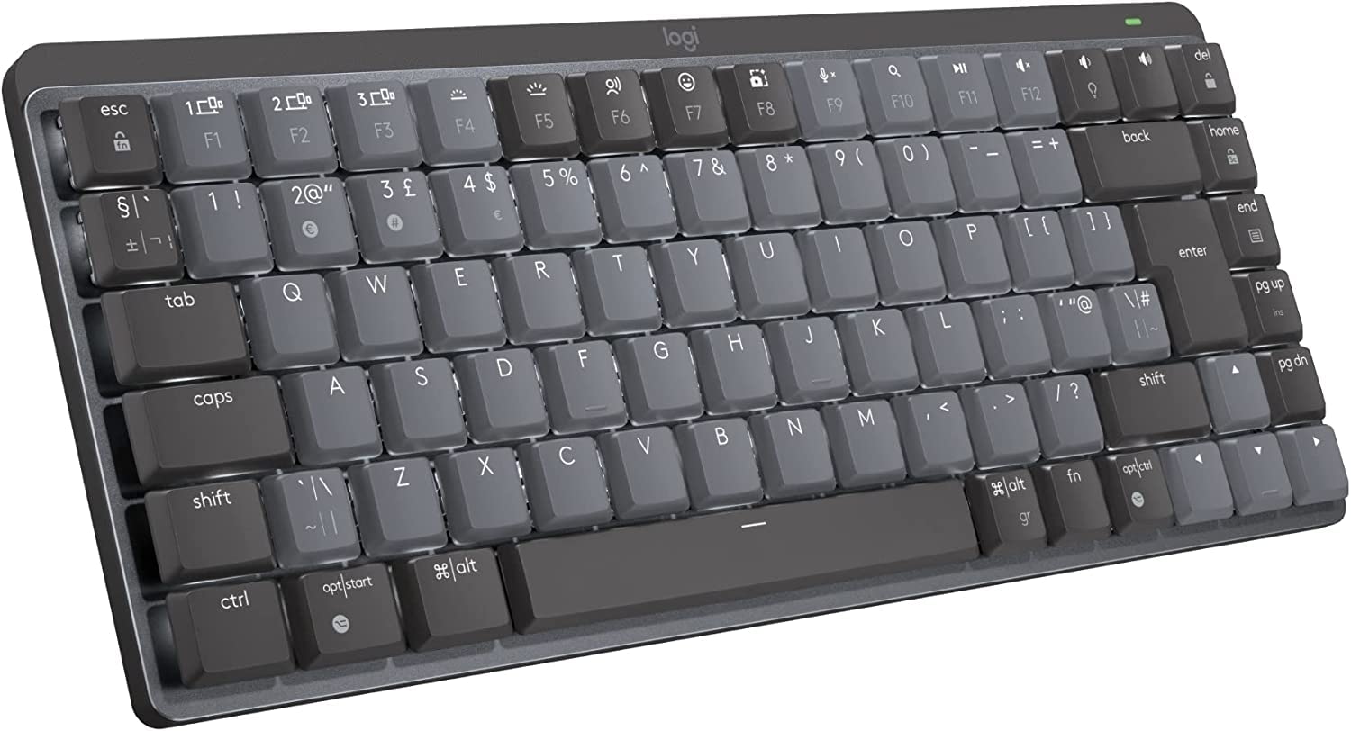 Logitech MX Mechanical Mini wireless illuminated keyboard in gray and black color.